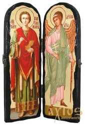 The icon under the antiquity The Holy Healer Panteleimon and the Holy Guardian Angel The folded double 10x30 cm - фото