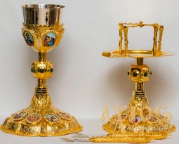 Eucharistic set silver, gilding, engraving, natural stones, with insert in silver chalice 1l. (Greece) - фото