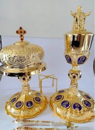 Eucharistic set silver, gilding, engraving, natural stones, with insert in silver chalice 1l. (Greece) - фото