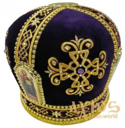 Miter "Cross", gold embroidery, purple velvet, stone inlay - фото