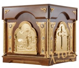 The altar is rectangular, wooden, No. 3 with a door and gilded elements, a dark tree - фото