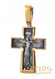 The cross «Crucifixion. Pray God's mercy» silver 925 °, with gilding and blacking 23x12 mm, O 131670 - фото