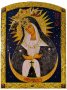 Icon of Our Lady of Ostrobram (middle), MDF, arched, veneer (ash-tree), ark, polygraphy, decorative border, stones, lacquer, 15x20 cm