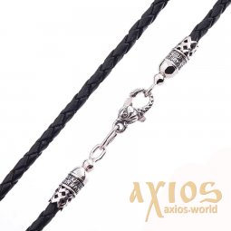 Leather cord «Save and save» with silver clasp «Fish» (3mm), silver 925, leather, О 18154 - фото
