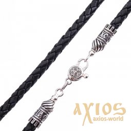 Leather cord «Save and save» with a silver clasp (5mm), silver 925, leather, О 18413 - фото