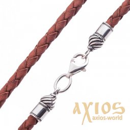 Leather brown lace with silver clasp (3mm), silver 925, leather, О 18430 - фото