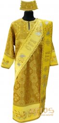 Deacon`s surplice with double orarion and handrails, yellow brocade, embroidery on velvet - фото