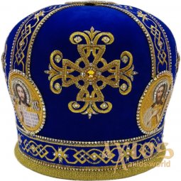 Miter "Cross", blue velvet, gold thread embroidery - фото