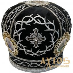 Miter "Crown of Thorns", black velvet, silver thread embroidery - фото