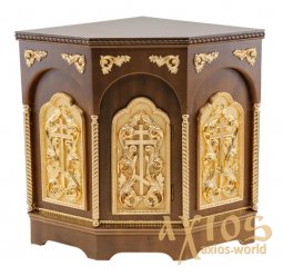 The altar is angular, wooden, 3-faced, No. 1 with a door and gilded elements, a dark tree - фото