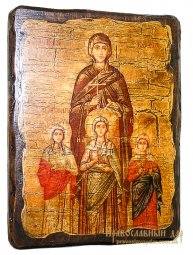 Icon antique Saints Faith, Hope, Love and their mother Sophia 21x29 cm - фото