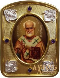 The written icon of Saint Nicholas 7,5x10 cm, in a silver and gold, is encrusted with amethysts - фото