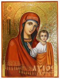 Icon of the Kazan Mother of God, painting, oil, carving on gesso, gilding, 20x25 cm - фото