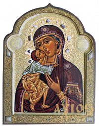Icon of the Mother of God Feodorovskaya, MDF, veneer (ash-tree), ark, polygraphy, decorative border, stones, lacquer, 20x28 cm - фото
