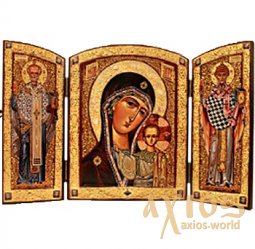 Icon Kazan Mother of God, St. Nicholas, St. Spyridon (large), MDF, arched, veneer (ash-tree), ark, printing, decorative border, stones, lacquer, 40x60 cm - фото