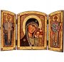 Icon Kazan Mother of God, St. Nicholas, St. Spyridon (large), MDF, arched, veneer (ash-tree), ark, printing, decorative border, stones, lacquer, 40x60 cm