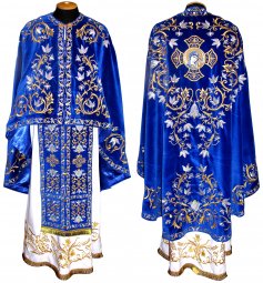 Priest Vestments, Embroidered on Blue velvet, embroidered icon and galloon, Greek Cut, R046G plus - фото
