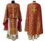 Priest vestment, red brocade, embroidered cross, Greek cut