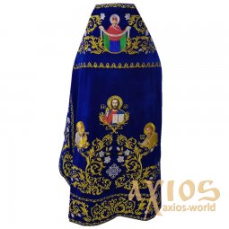 Priest vestment, embroidered on blue velvet, embroidered icon “Pokrov of the Holy Mother of God”, embroidered icons of saints - фото
